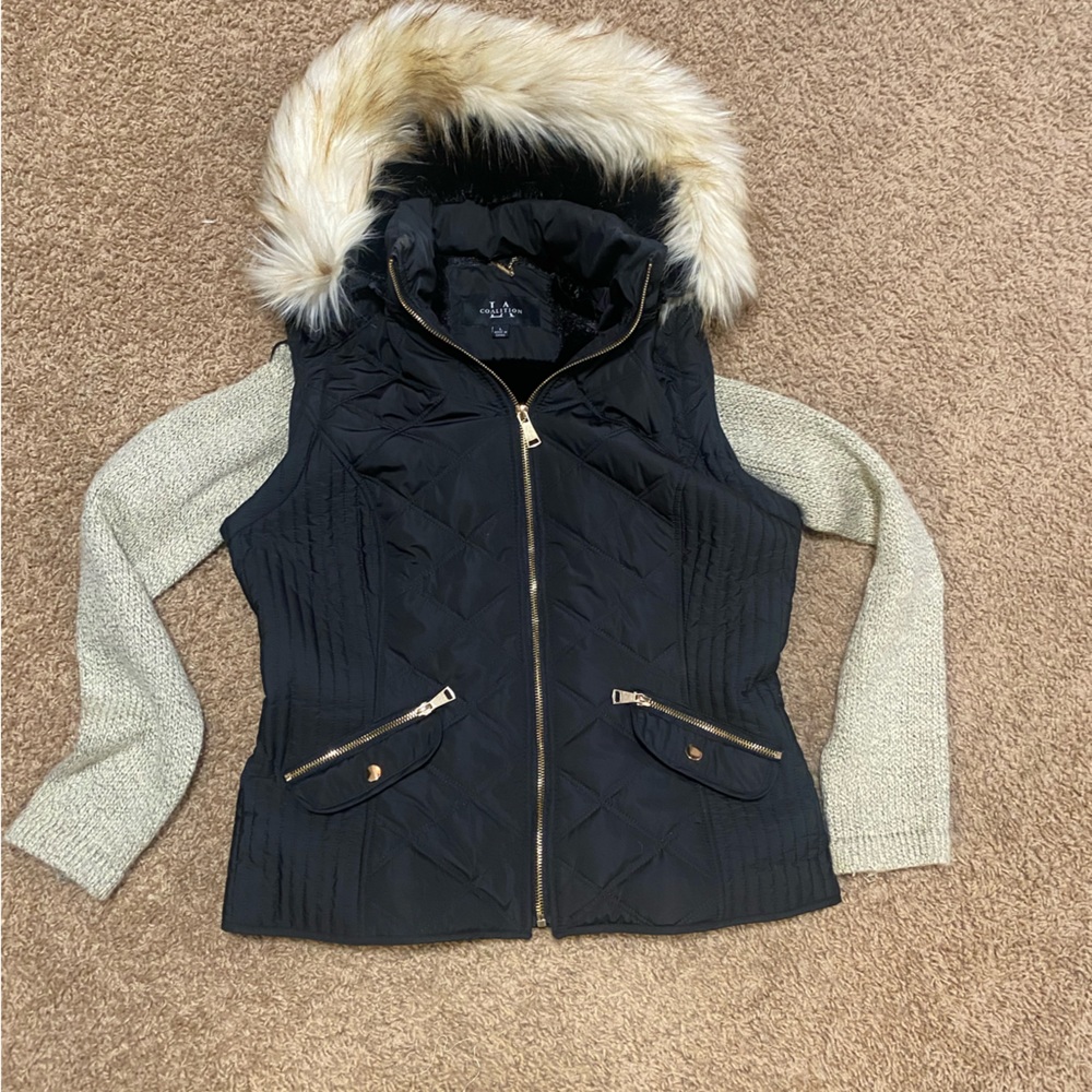 Black Vest with removable sleeves and fur lined hood and gold zippers
